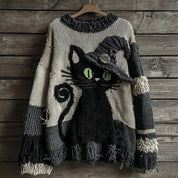 Marceline Duvall | Halloween Cat Print Chunky Knit Sweater For Women