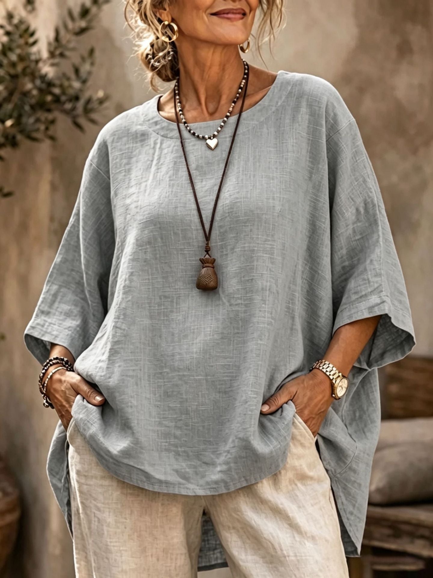 Cecile Fontainebleau | Relaxed Linen-Blend Crew Neck Top For Women