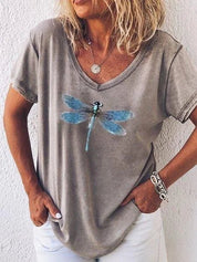 Harriet Ashbourne | Dragonfly Print V-Neck Washed Pink Tee