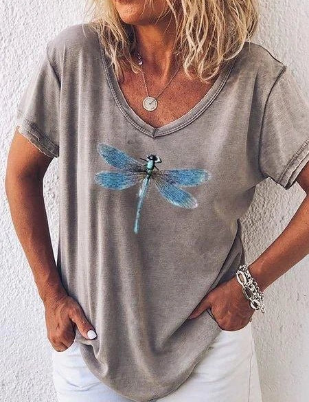 Harriet Ashbourne | Dragonfly Print V-Neck Washed Pink Tee