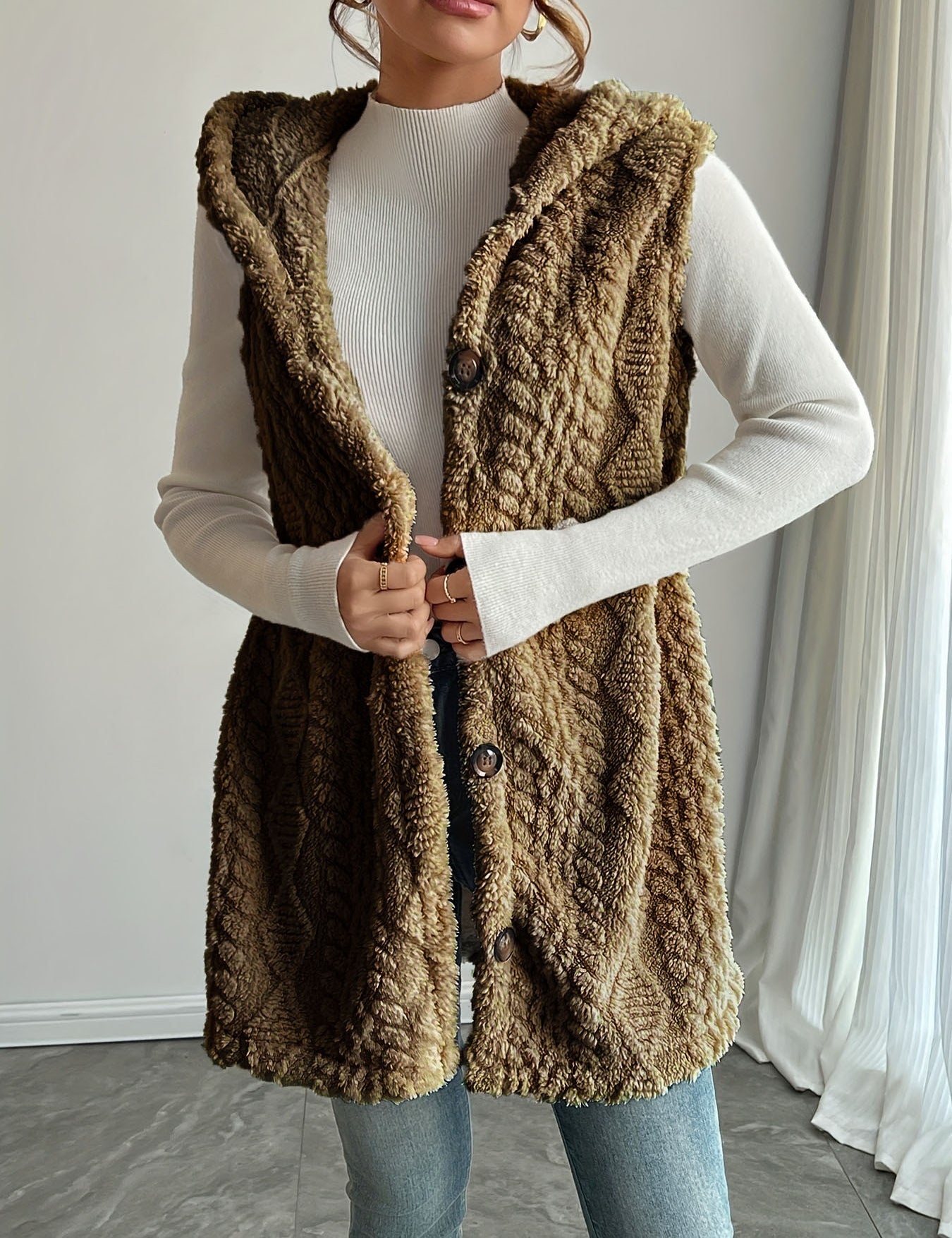 Genevieve Sorel | Hooded Sleeveless Longline Cardigan Vest For Women
