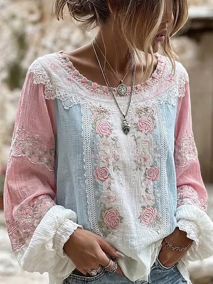 Colette Rimbaud | Retro Bohemian Floral Linen Blouse For Women