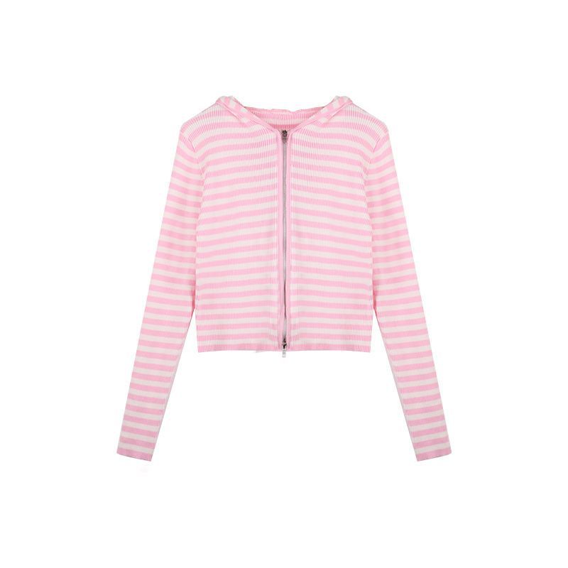 Mireille Fontanet | Striped Zip-Up Hooded Knit Cardigan For Women
