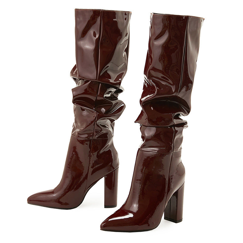 Camille Dubreuil | Patent Leather Chunky Heel Knee-High Boots For Women
