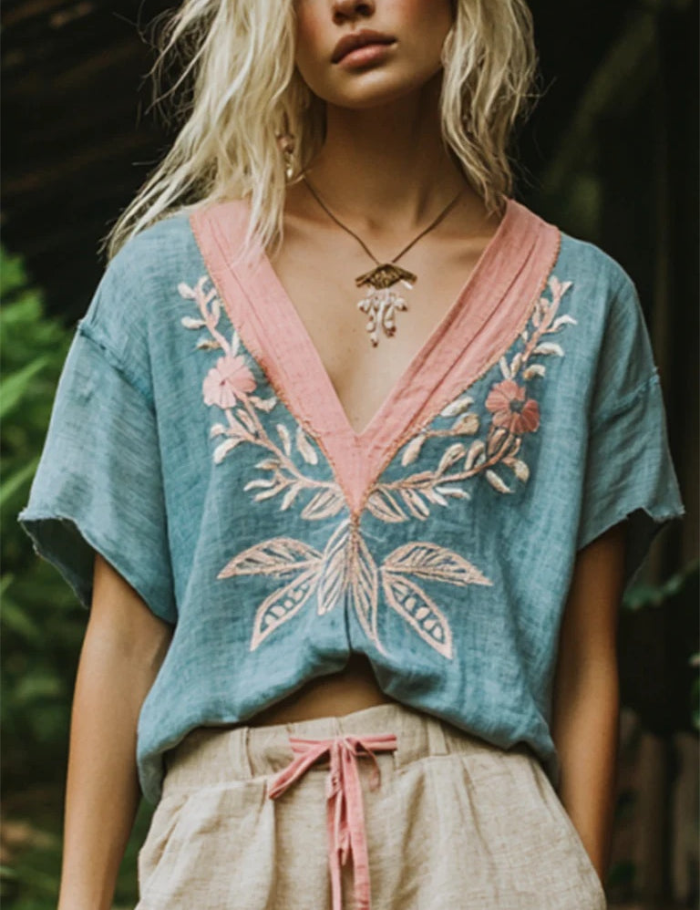 Marguerite Delacroix | Floral Embroidered Boho Blouse For Women