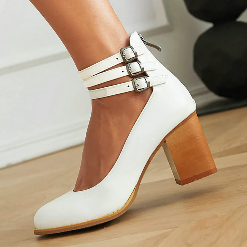 Mathilde Renoncourt | Tan Block Heel Sandal with Double Ankle Strap