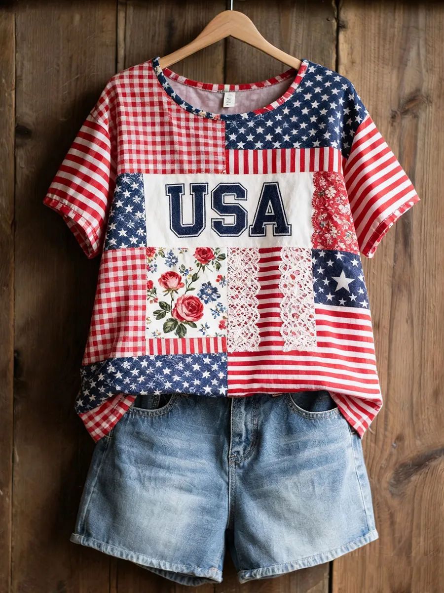 Brielle Davenport | Patchwork Patriotic Short Sleeve Top For Women