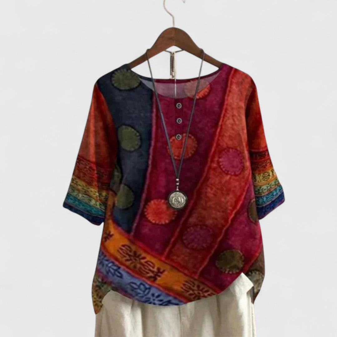 Celestia Vordaine | Bohemian Patchwork Print Short-Sleeve Top