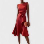 Sylvaine Beaumont | Red Sleeveless Asymmetric Draped Midi Dress