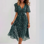 Ellinor Beauvais | Green Floral Chiffon Midi Wrap Dress