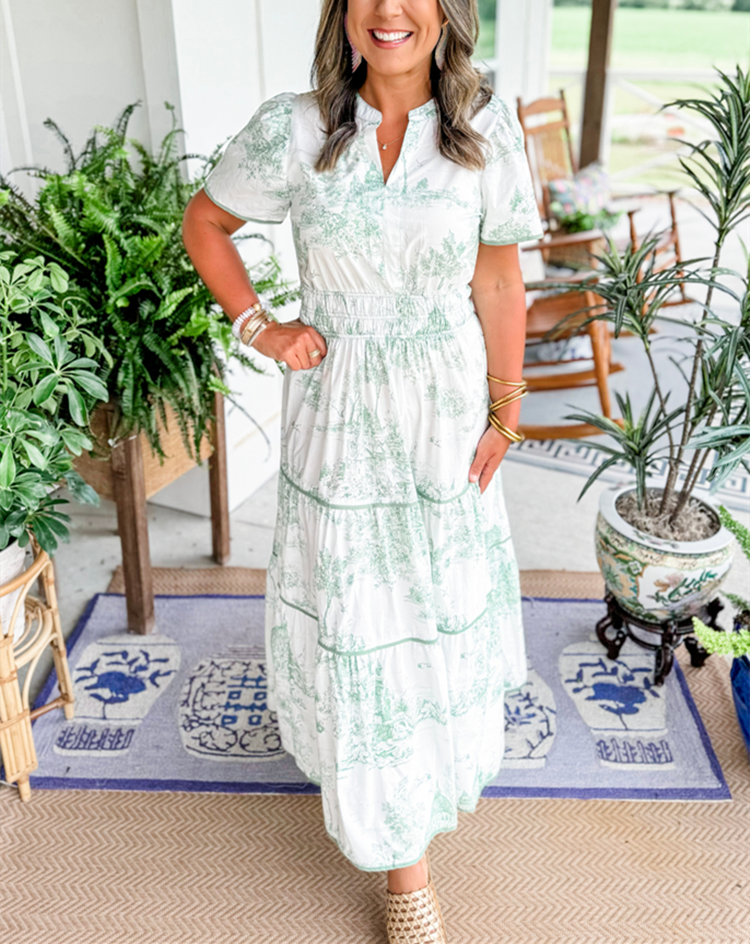 Céleste Wyndmere | Classic Toile Maxi Dress in White & Brown