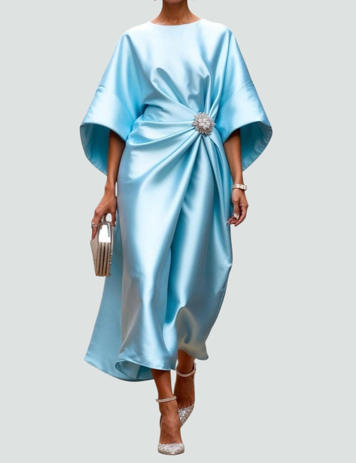 Elspeth Fairbourne | Navy Blue Satin Batwing Midi Dress