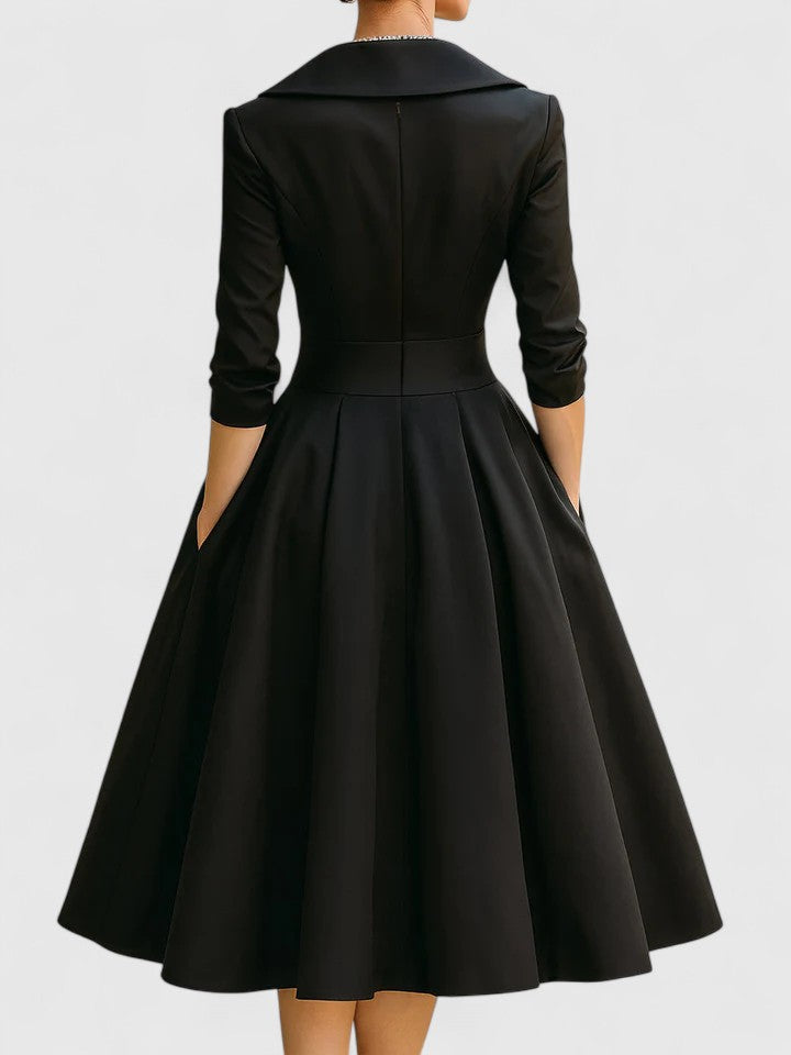 Nicolette Valmonde | Black A-Line Midi Dress with 3/4 Sleeves
