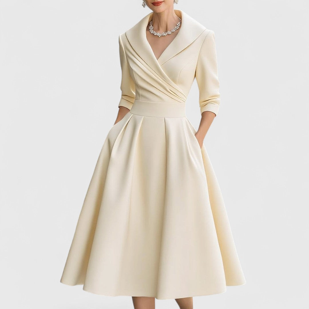 Genevra Elsinore | Navy Blue A-Line Midi Dress with 3/4 Sleeves
