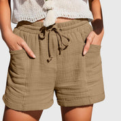 Améline Chartreuse | Cotton Gauze Drawstring Shorts in Khaki