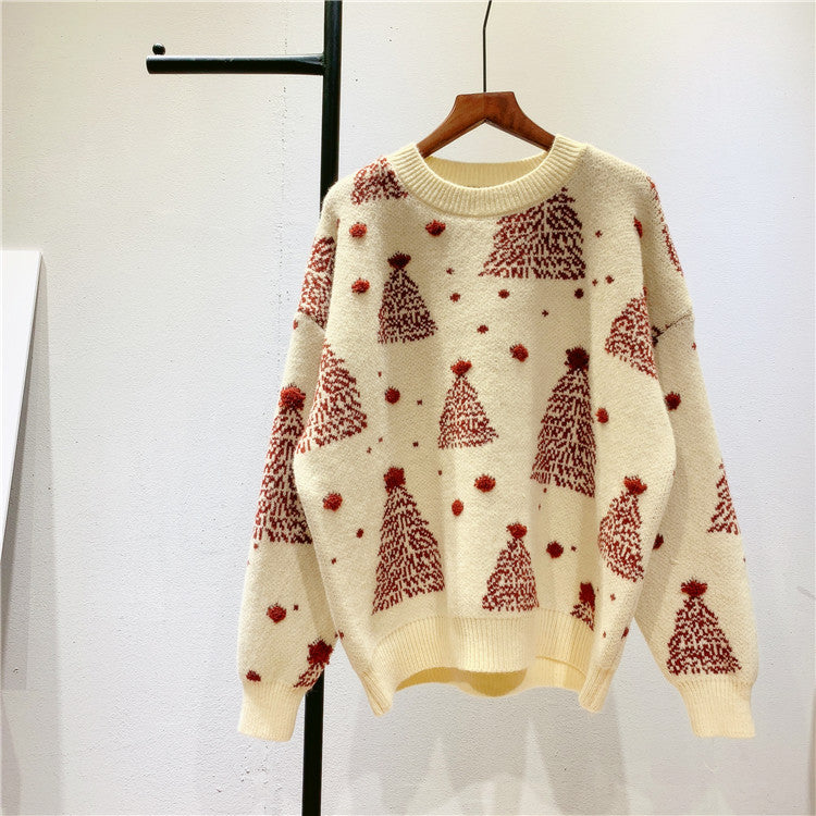 Snowy Eve | Red Tree Jacquard Christmas Sweater For Women