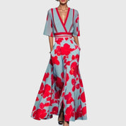 Viviana Ashcourt | Floral Maxi Wrap Dress in Red & Blue