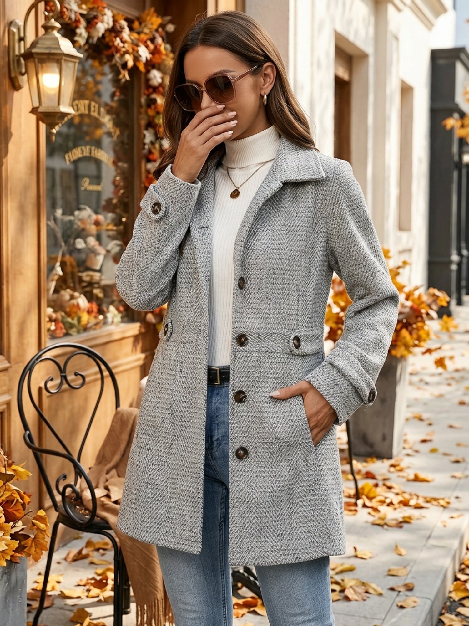 Gabrielle Norwood | Herringbone Pea Coat With Belted Waist