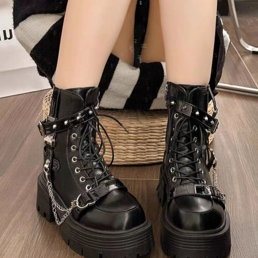 Trudy Aldmore | Black Chain Buckle Platform Boots For Women