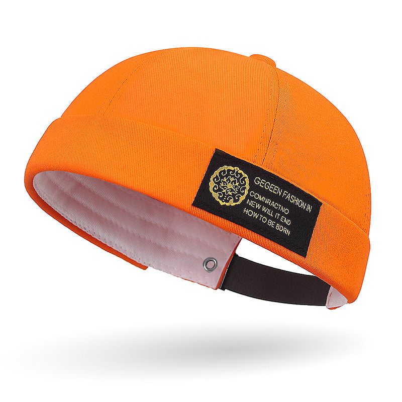 Side Patch Brimless Skull Cap Hat - Orange