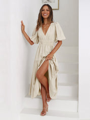 Antoinette Beauvray | Black V-Neck Puff Sleeve Midi Dress with Smocked Waist