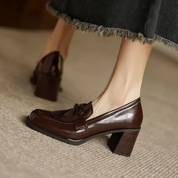 Leticia Beauvigne | Black Patent Tassel Loafer Block Heel Pump