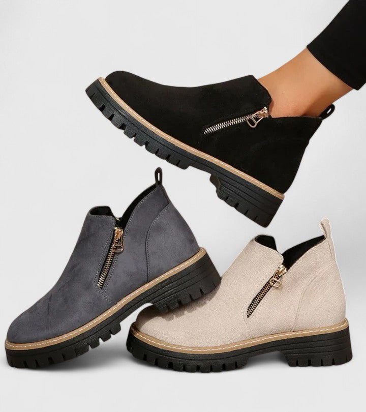 Lysandra Beauvois | Black Suede Ankle Boots with Gold Zip