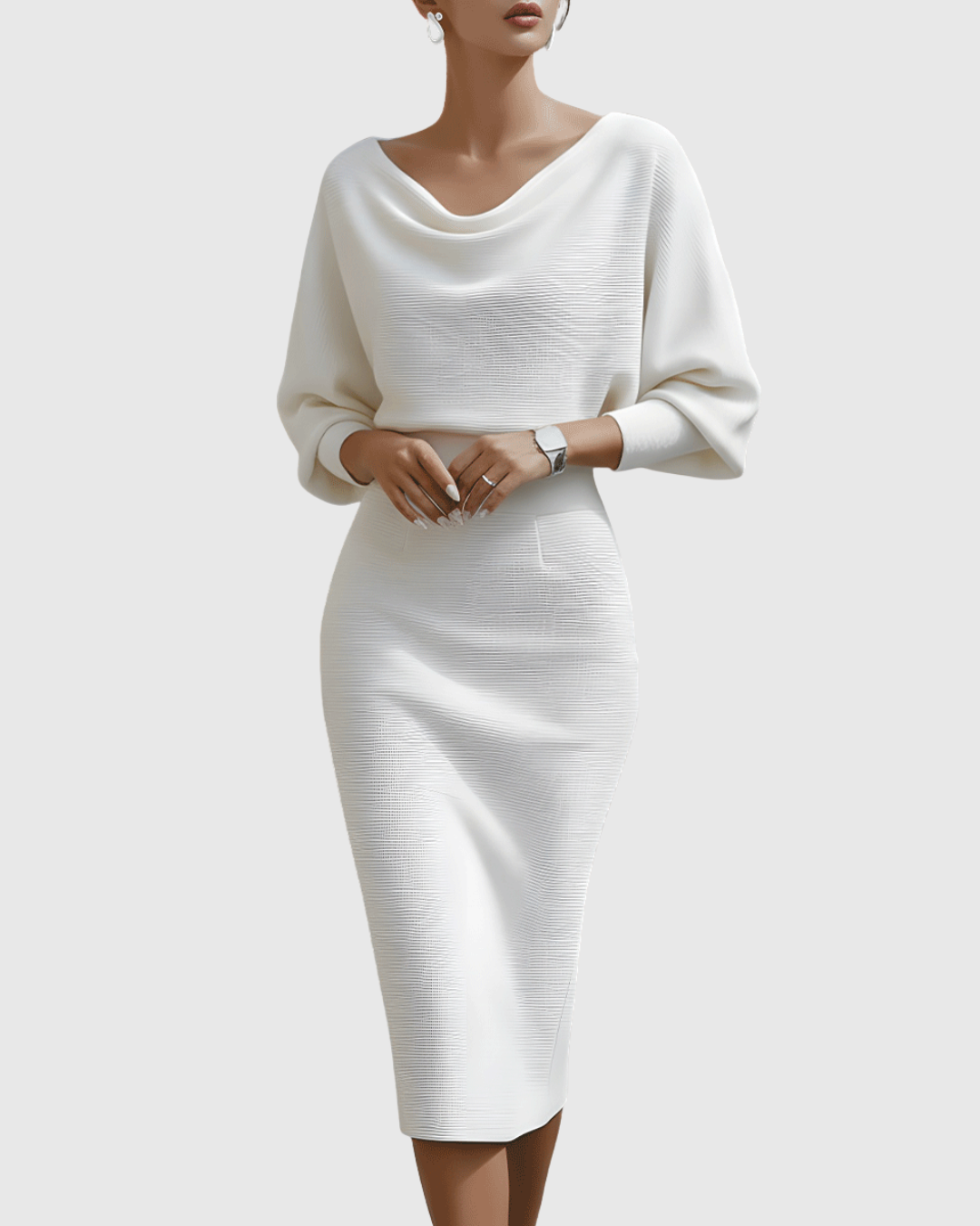 Audrina Velmonte | Black Ribbed Cowl Neck Batwing Midi Dress