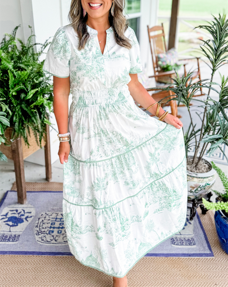 Céleste Wyndmere | Classic Toile Maxi Dress in White & Brown