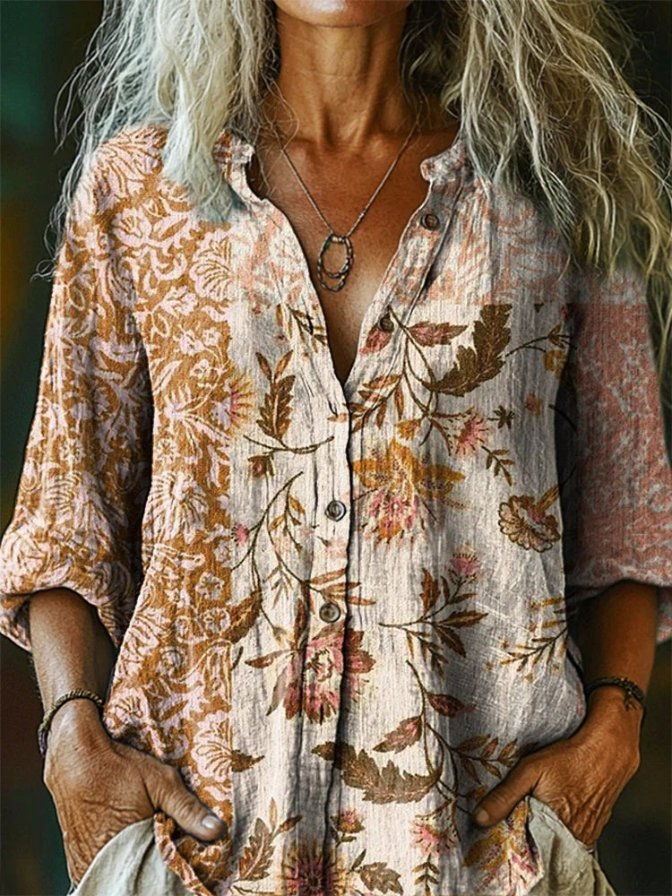 Lucienne Chastain | Vintage Floral Print Long Sleeve Shirt For Women