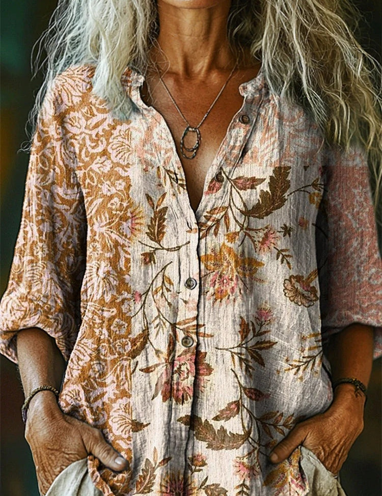Lucienne Chastain | Vintage Floral Print Long Sleeve Shirt For Women