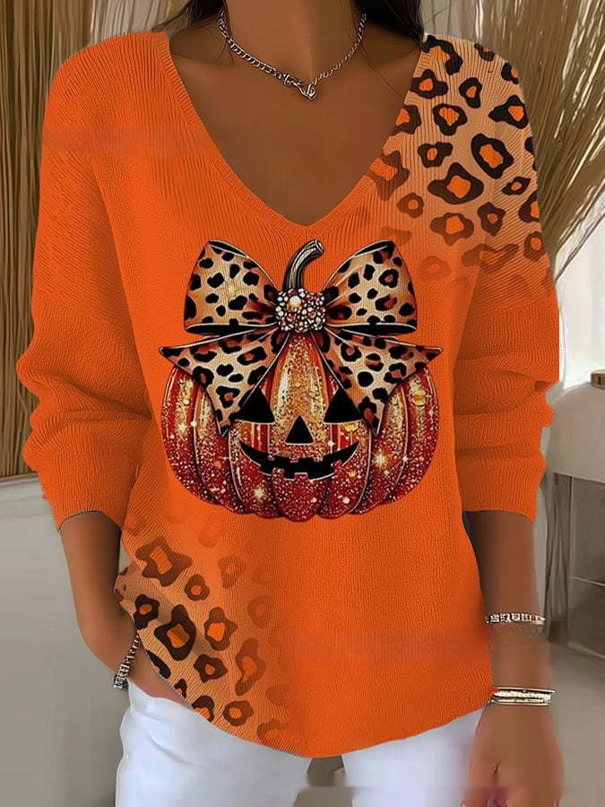 Florence Adair | Maple Leaf Print V-Neck Sweater For Women