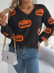 Marina Castellucci | Pumpkin Print Distressed Sweater For Women