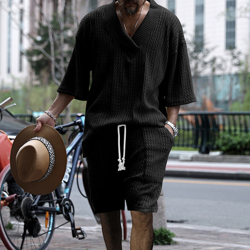 Tanner Ironwood | White Cable Knit T-Shirt & Shorts Set For Men