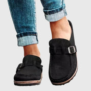Cordelia Wrenshaw | Suede Buckle Clog Flats for Women
