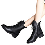 Dovie Selcroft | Black Lace Up Block Heel Ankle Boots For Women