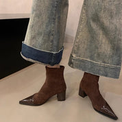 Delphine Ravel | Pointed-Toe Chunky Heel Ankle Boots For Women