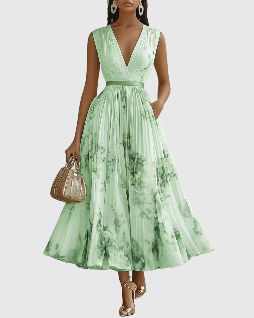 Lucienne Hartwell | Floral Pleated Midi Dress with V-Neck