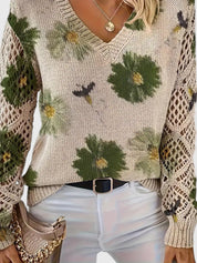 Rosalinde Fonteclair | Floral Knit V-Neck Sweater with Lace Sleeves
