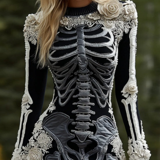 Seraphine Blackwood | Halloween Skeleton Print Long Sleeve Maxi Dress For Women