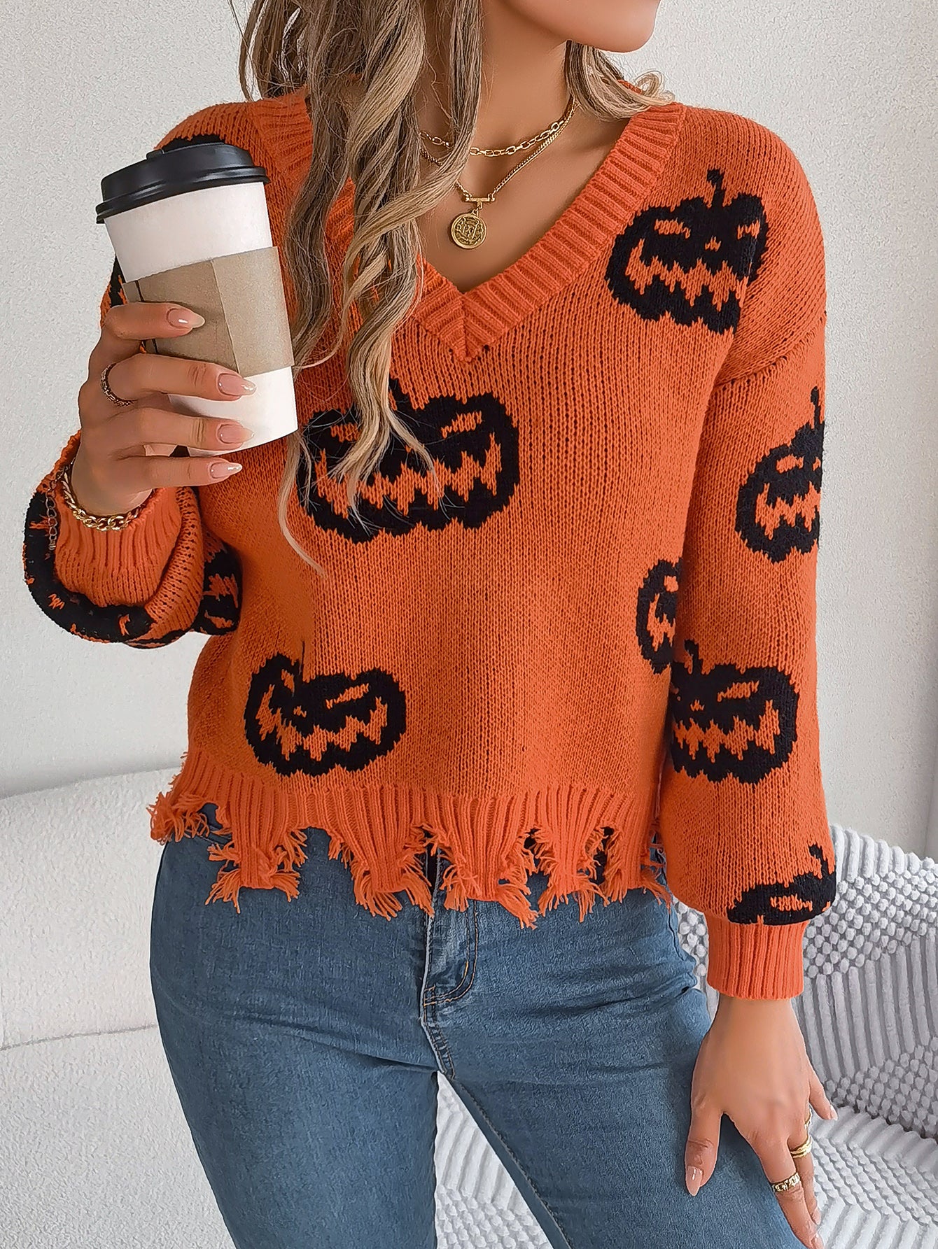 Marina Castellucci | Pumpkin Print Distressed Sweater For Women