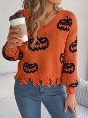 Marina Castellucci | Pumpkin Print Distressed Sweater For Women