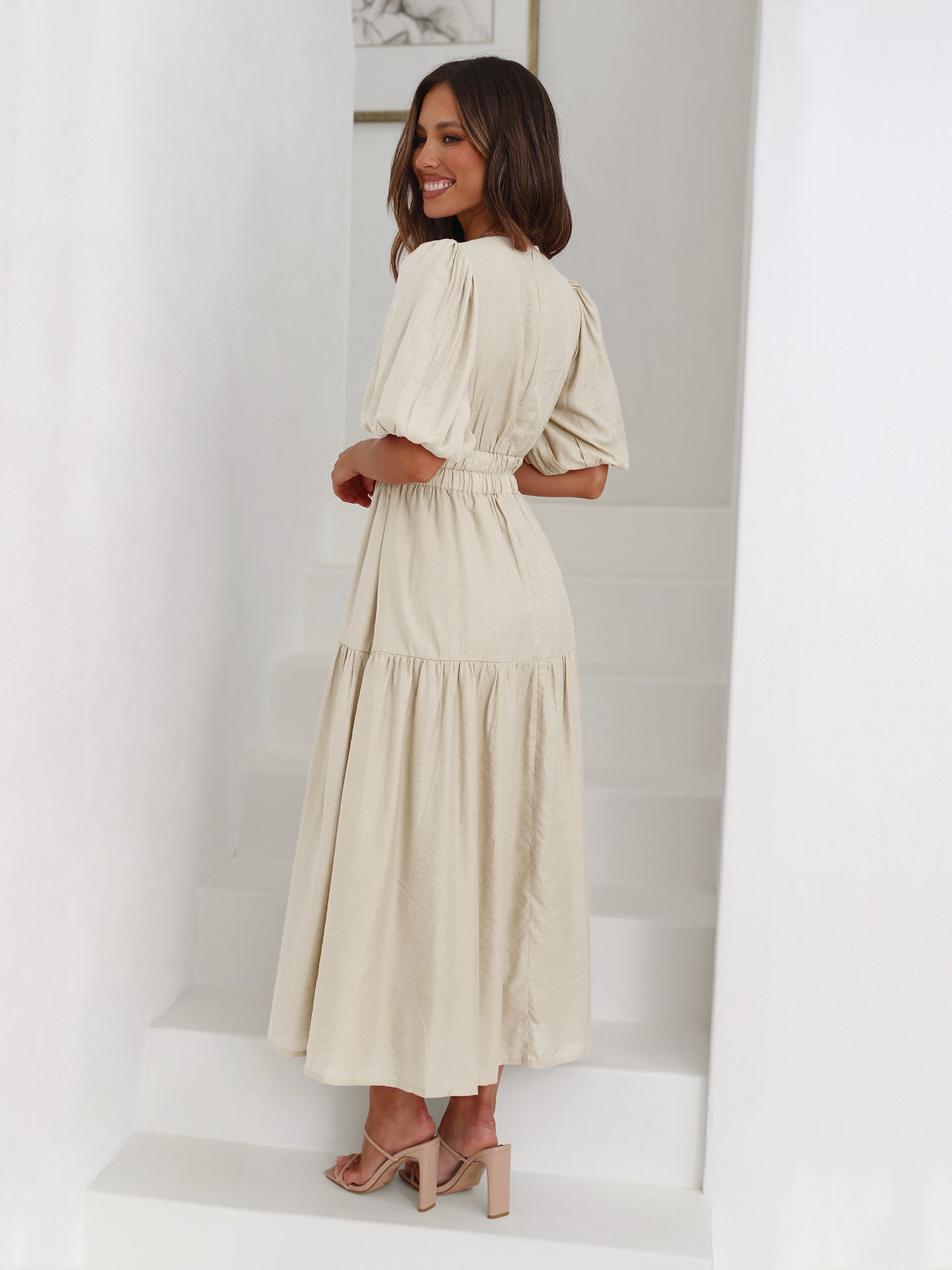 Antoinette Beauvray | Black V-Neck Puff Sleeve Midi Dress with Smocked Waist