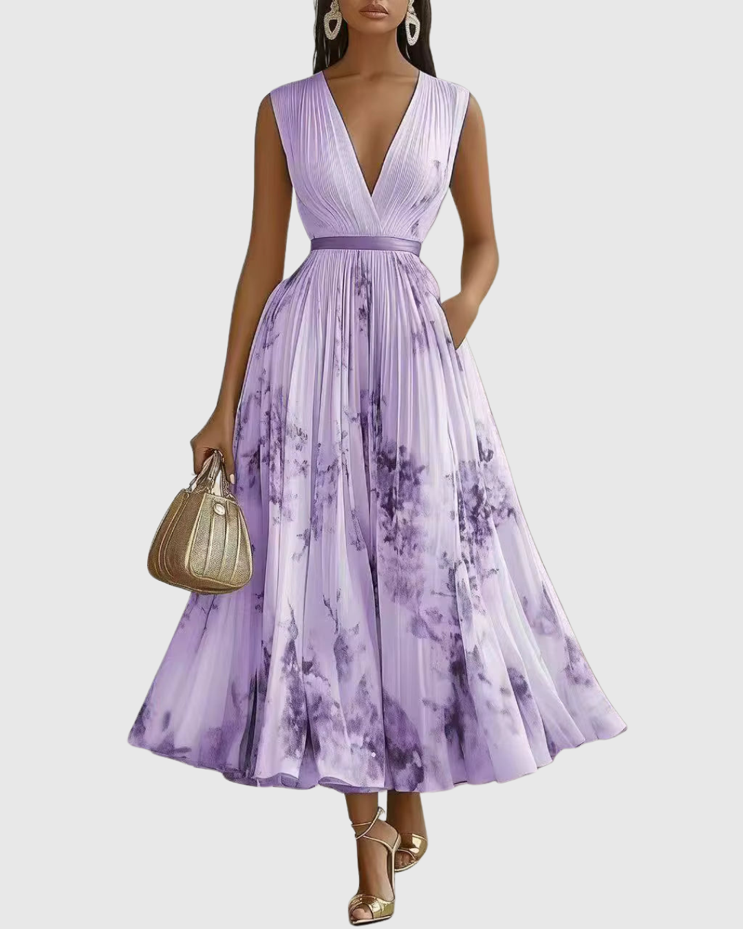 Lucienne Hartwell | Floral Pleated Midi Dress with V-Neck