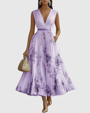 Lucienne Hartwell | Floral Pleated Midi Dress with V-Neck