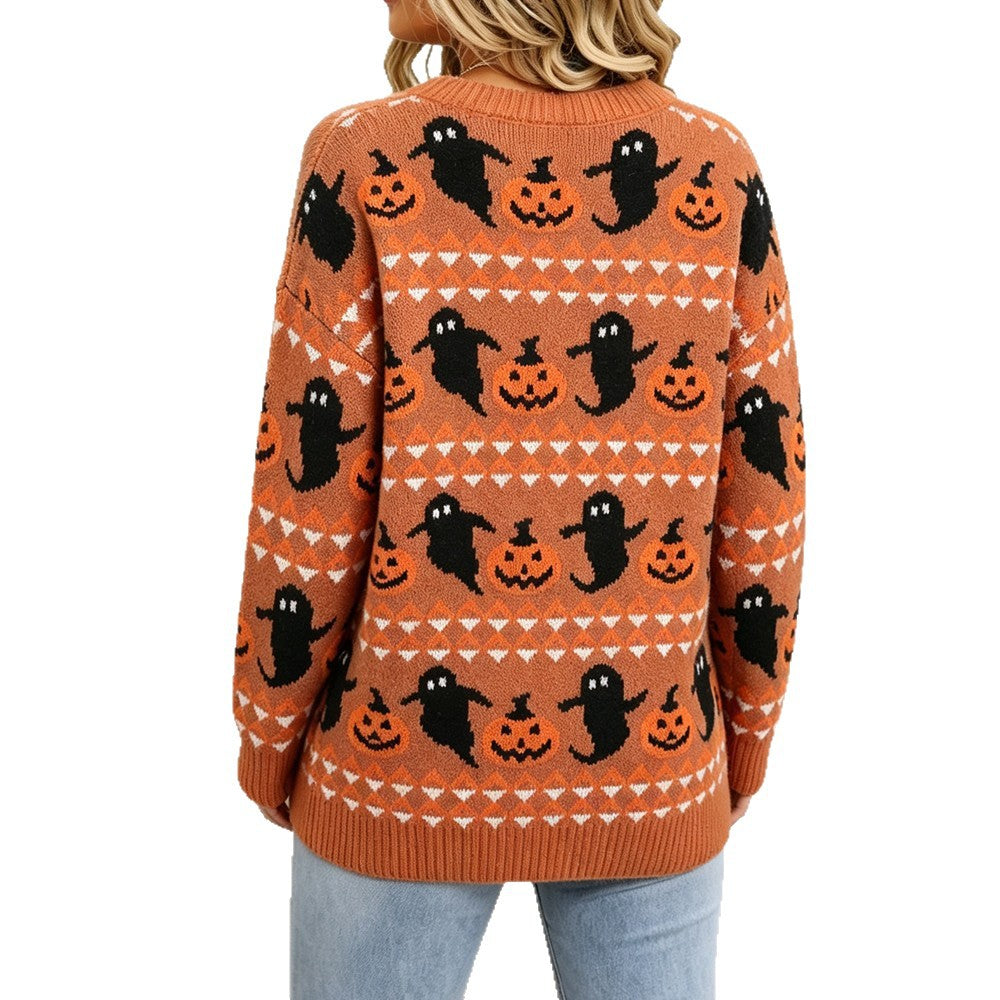 Margaux Sinclair | Halloween Ghost Print Crew-Neck Sweater For Women