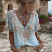 Adriana Bellini | Floral Embroidered V-Neck Blouse For Women