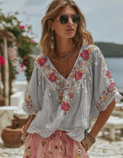 Marguerite Delacroix | Floral Embroidered Boho Blouse For Women