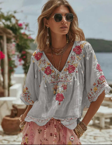 Marguerite Delacroix | Floral Embroidered Boho Blouse For Women