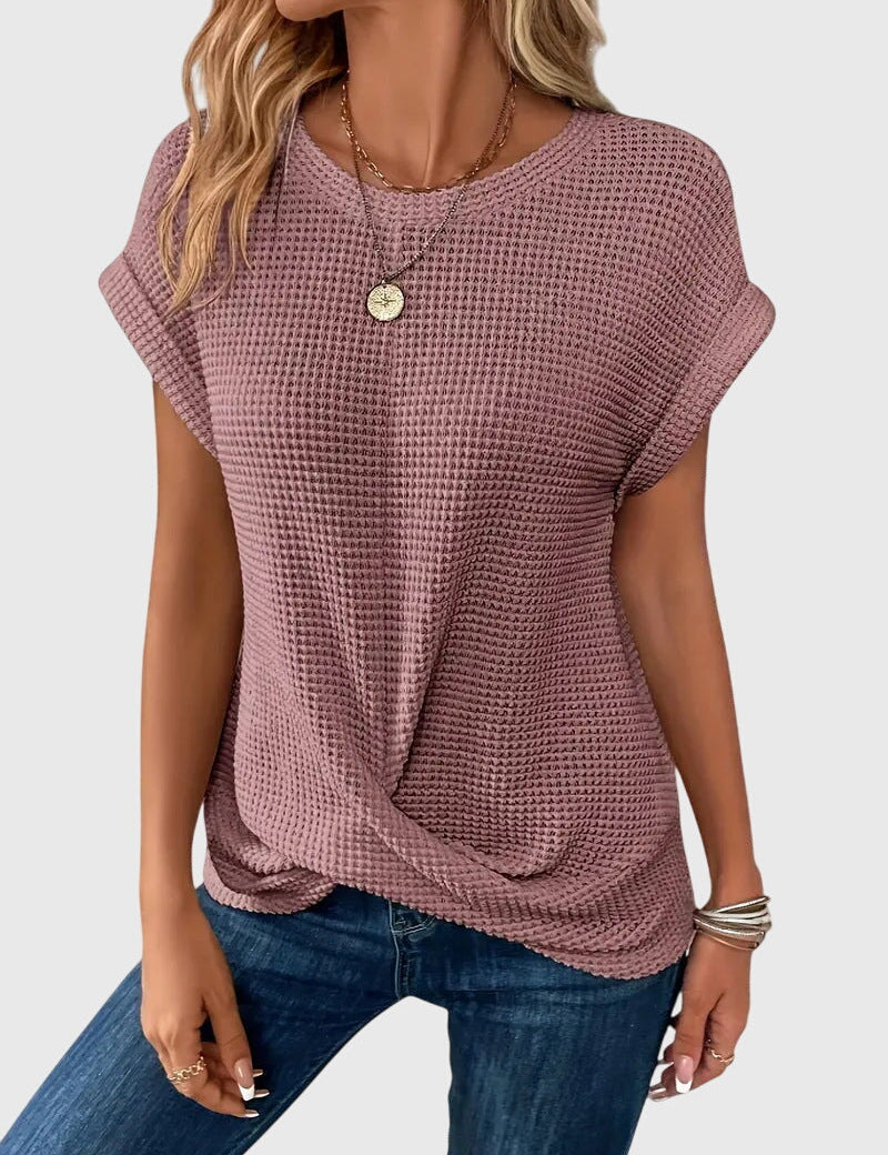 Thalia Wentmore | Rust Orange Waffle Knit Crew Neck Blouse